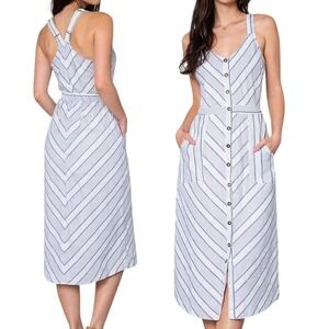 Buckle Black Blue Stripe Midi Jumper Dress Button Front Pockets Racerback Preppy